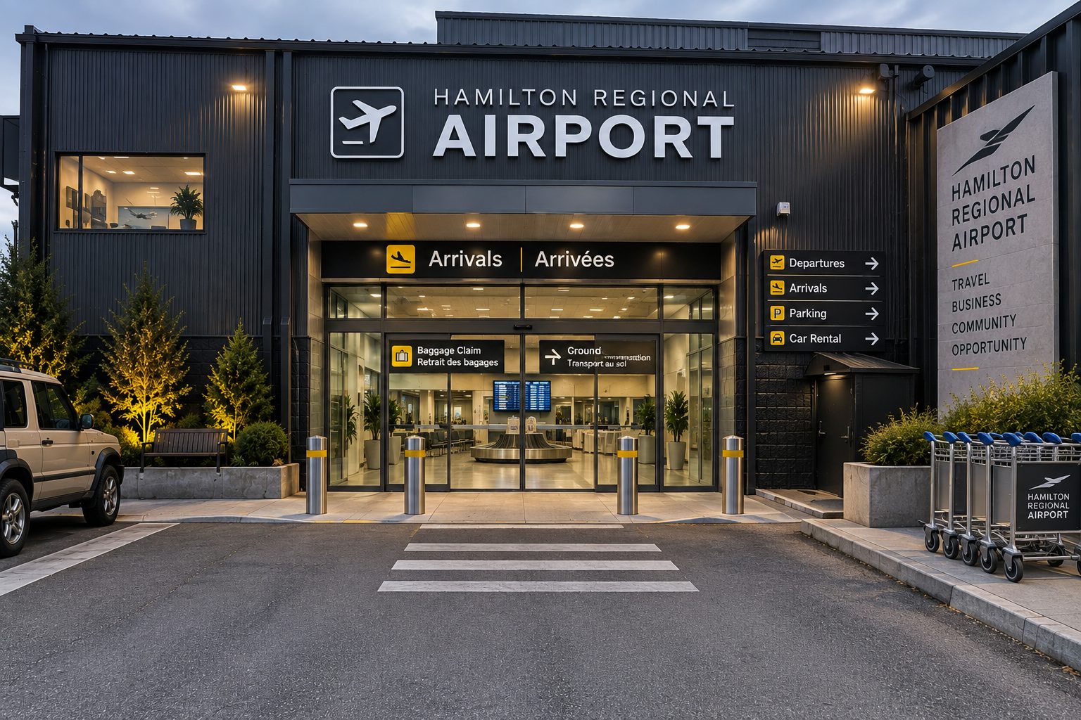 Airport Terminal Entrance — concept rendering of a proposed exterior redress at Digital Canaries, Hamilton