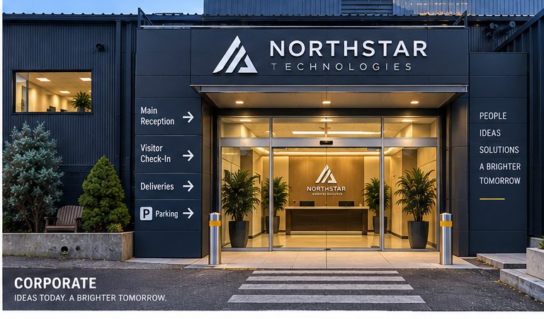Corporate Headquarters Entrance — concept rendering of a proposed exterior redress at Digital Canaries, Hamilton