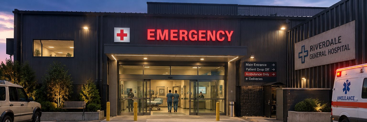 Hospital Emergency Entrance — concept rendering of a proposed exterior redress at Digital Canaries, Hamilton