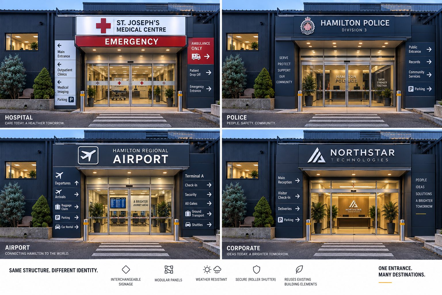 Four concept renderings of the same entrance canopy dressed as a hospital, a police division, an airport terminal and a corporate headquarters