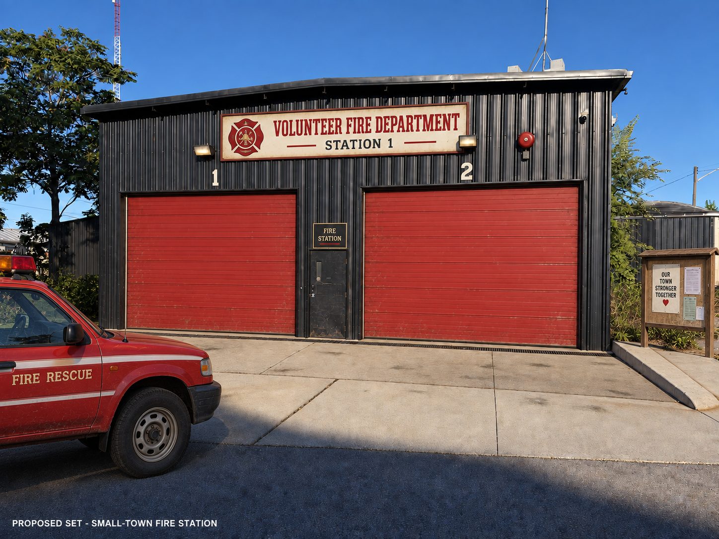 Small-Town Fire Station — concept rendering of a proposed exterior redress at Digital Canaries, Hamilton