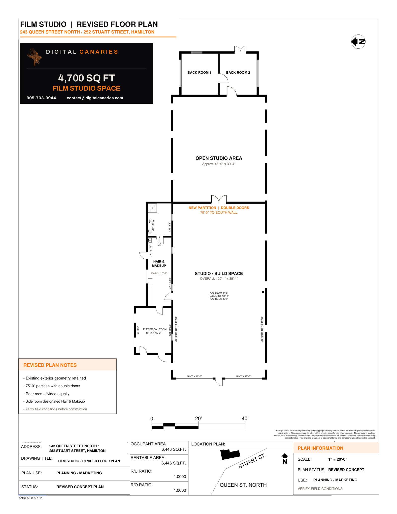 Revised concept floor plan — 252 Stuart Street film studio (Queen Street complex), Hamilton
