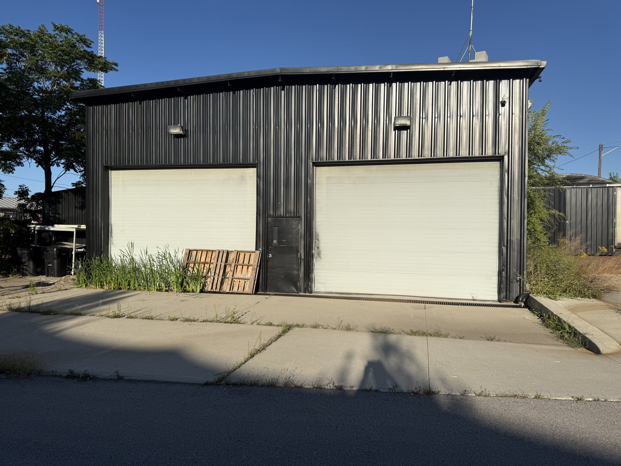 252 Stuart Street, Hamilton — the film studio building from the street, with its two roll-up doors
